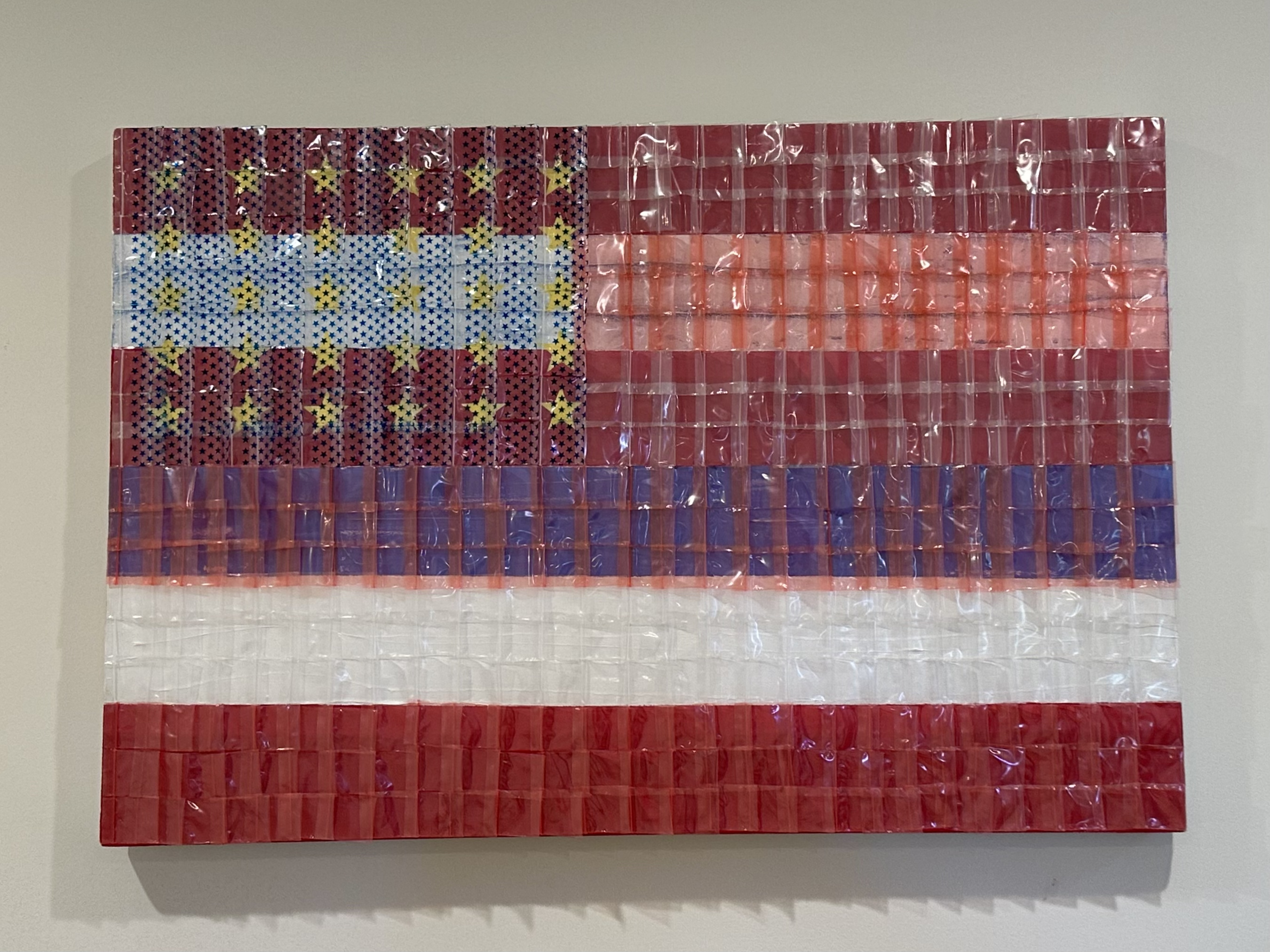 Untitled, 36” x 24”, 2025. Acrylic, plastic (polyethylene), & adhesive on canvas